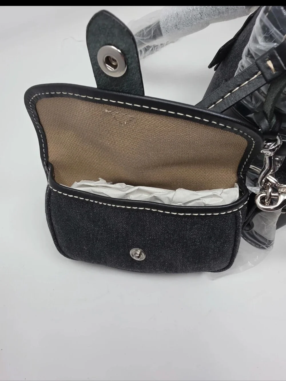 NWT Y2K Dooney & Bourke Black Denim Leather Double Pocket Tote Bag SZ Wristlet